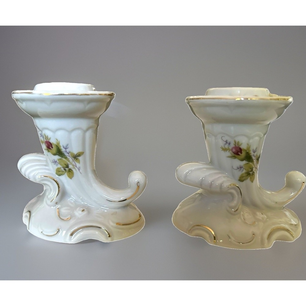 Vintage Porcelain Cornucopia Candle Holder Moss Rose Floral Gold Accents Japan